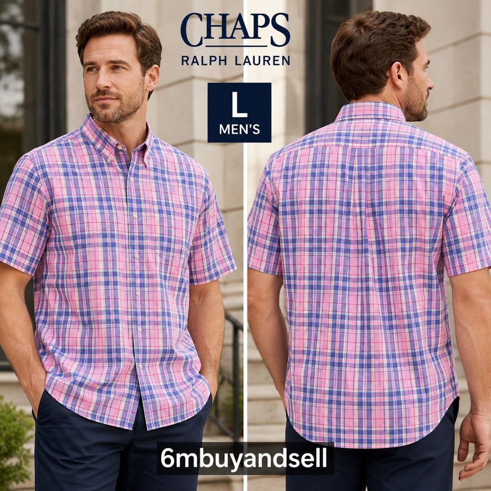 Vintage Chaps Ralph Lauren Mens Large Pink Blue Plaid Short Sleeve Button Shirt